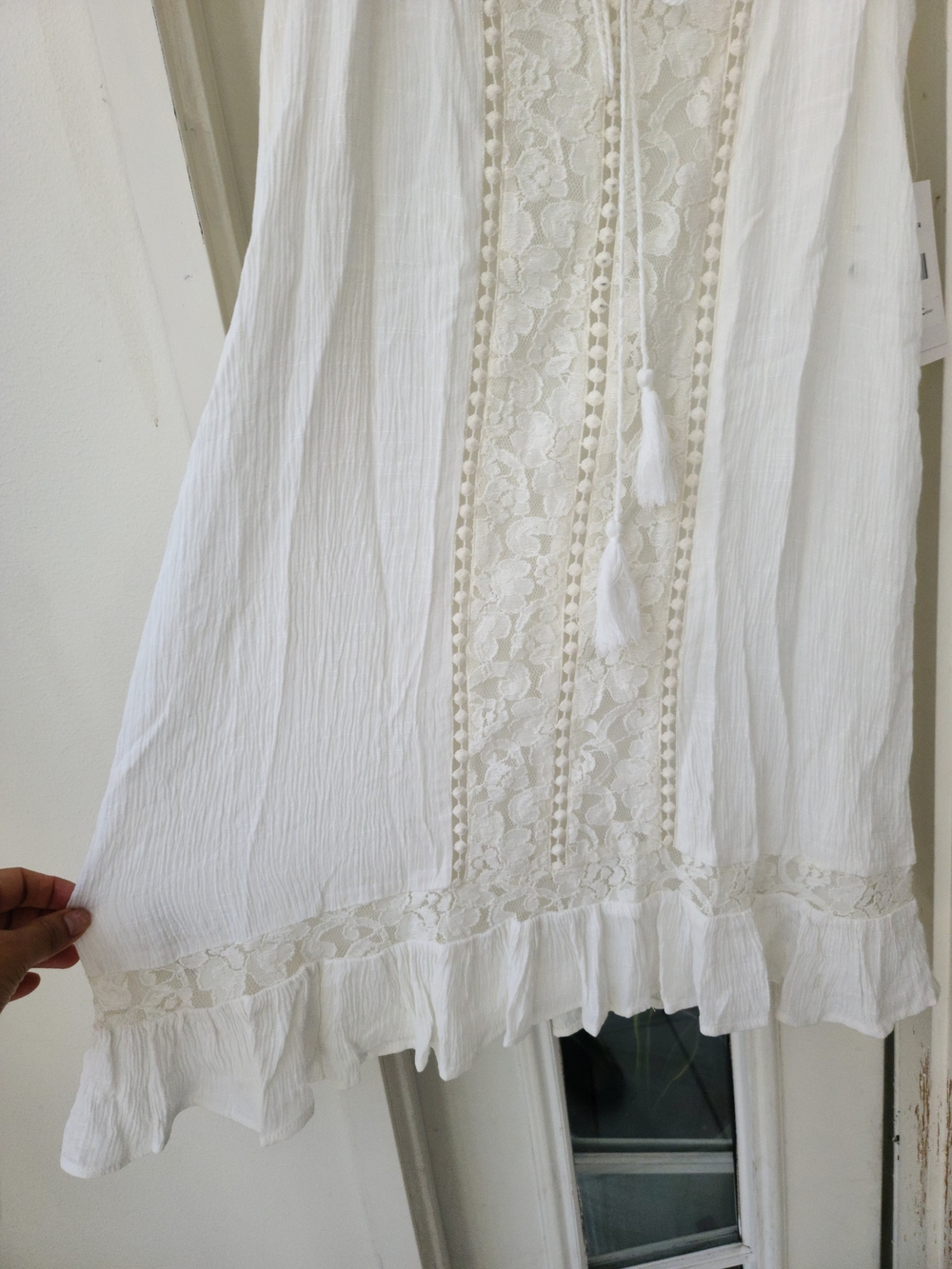 White Lace-Panel Mini Dress with Tassel Tie - Picture 3 of 6